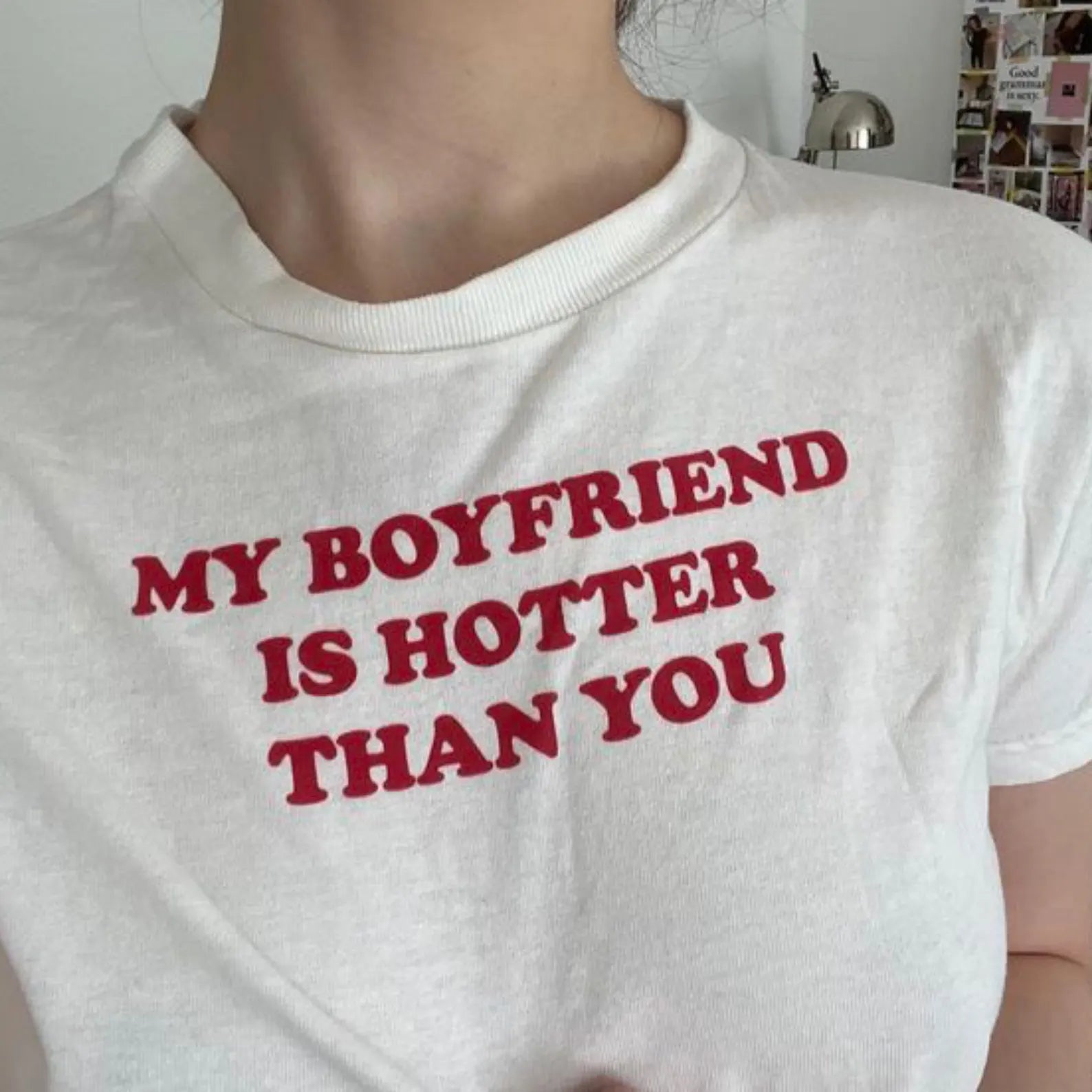 My Boyfriend Is Hotter Than You T-shirt displayed on model, perfect for casual wear and expressing confidence.